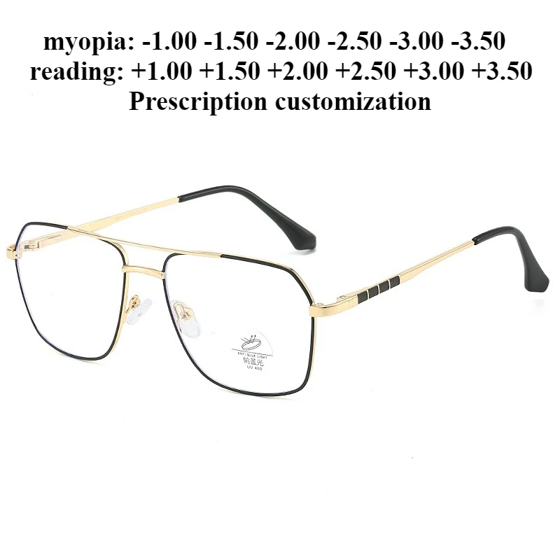 

55-17 New Men's Double Beam Metal Full Frame Anti-Blue Light Reading Glasses Myopia Prescription Customization - 1.00-1