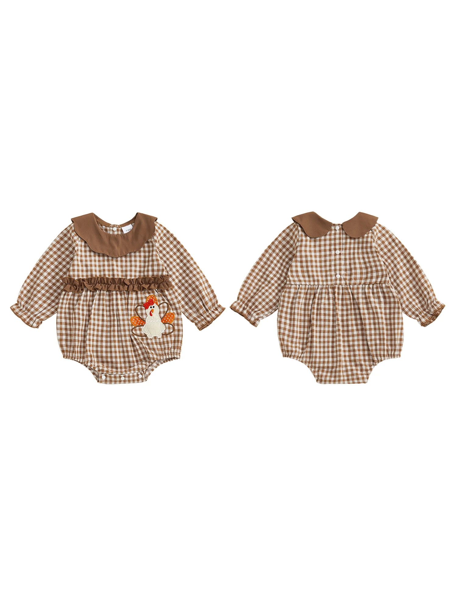 

Infant Girls Jumpsuit Turkey Embroidered Plaid Long Sleeve Bodysuit for Thanksgiving Celebration Outfit