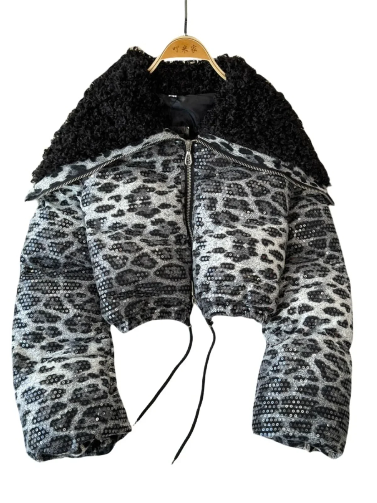 Winter Women Plush Sailor Collar Leopard Printed Sequins Coat High Waist Cotton Padded Jacket Short Zipper Parkas Cardigan Tops