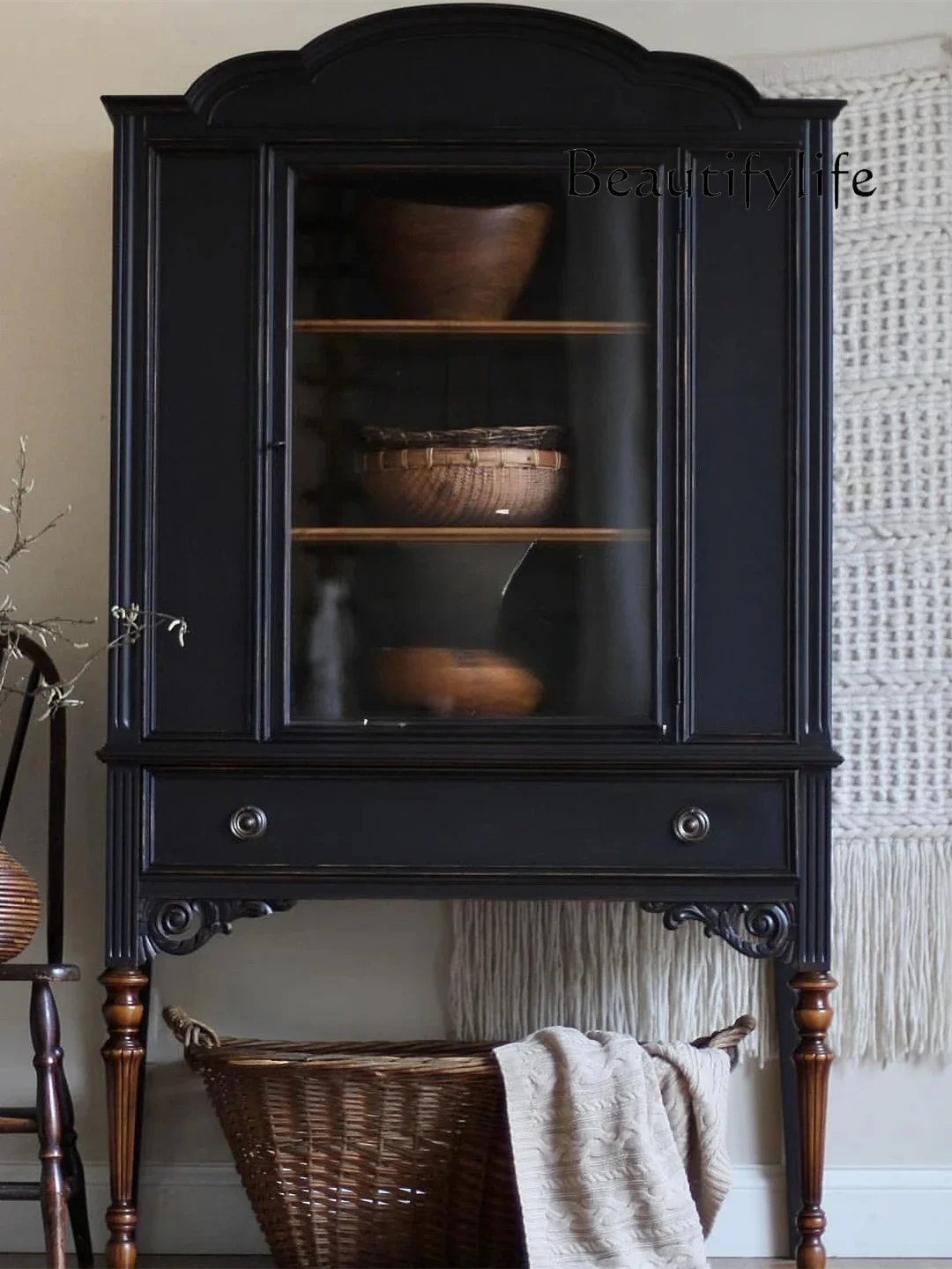 

ZY French Retro Solid Wood Dining Side Cabinet American Home Living Room Display Decorative Cabinet Black Storage Cabinet