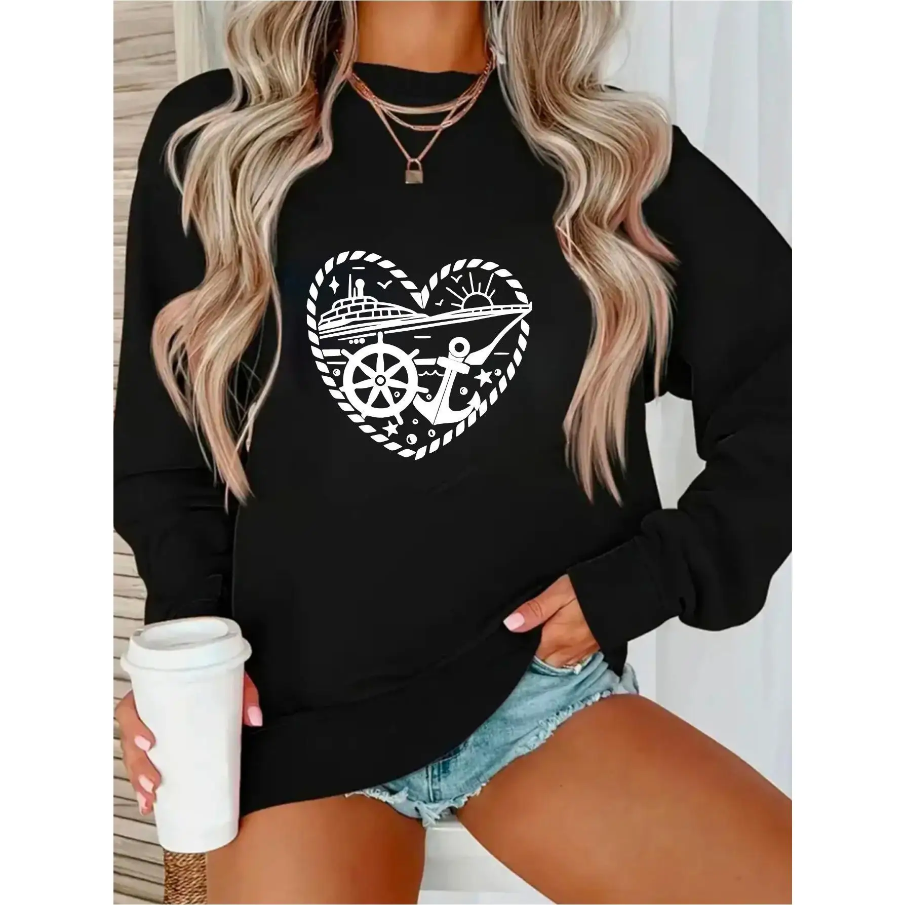 

Oversized Casual Crewneck Sweatshirt for Women,Nautical Heart Graphic Print Top,Beach Vacation Cruise Ship Lover Cozy Streetwear