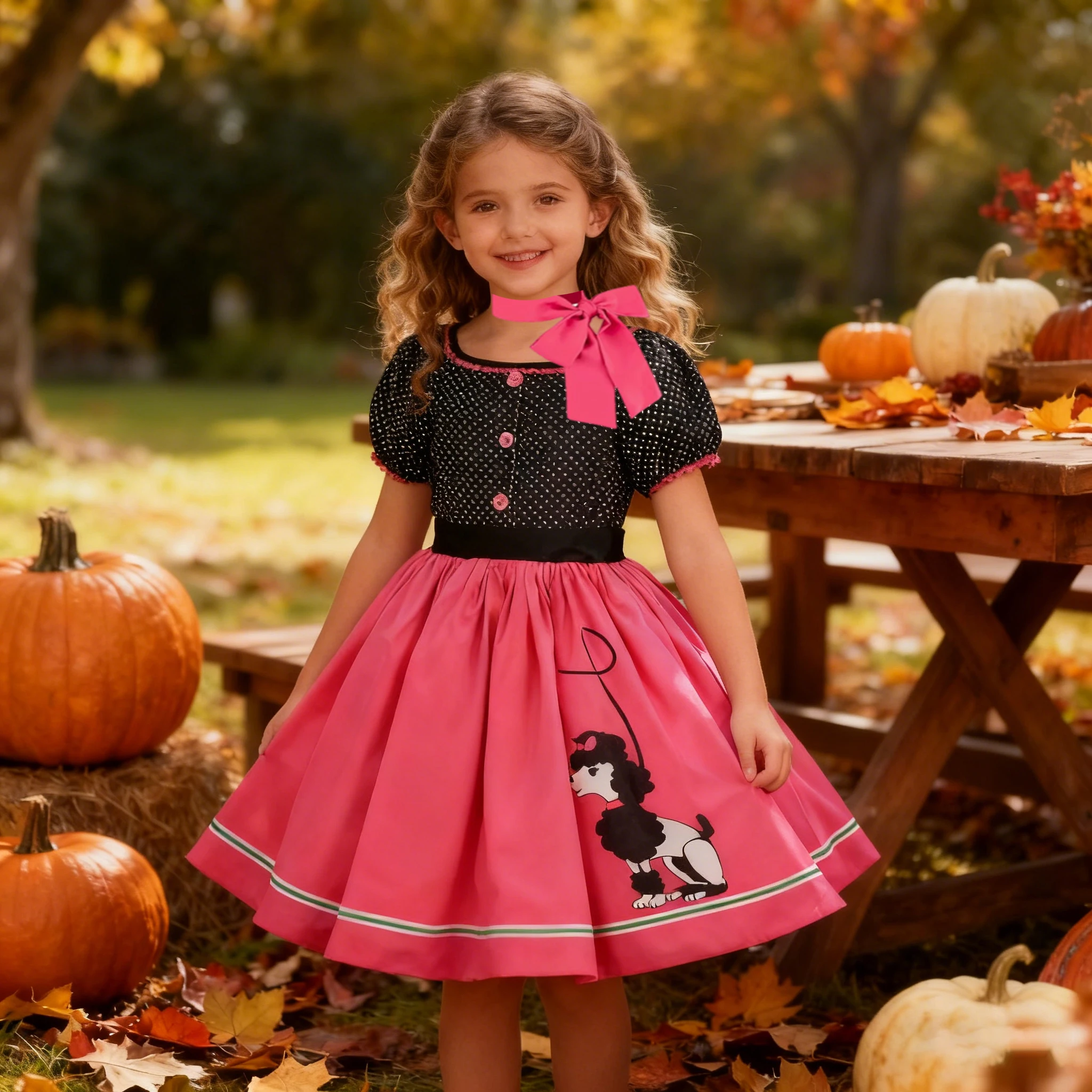 

Girls Vintage short Sleeve Dress and scarves for Thanksgiving Day Fantasy Carnival Girls Poodle Skirt Party Newyear Dress Up