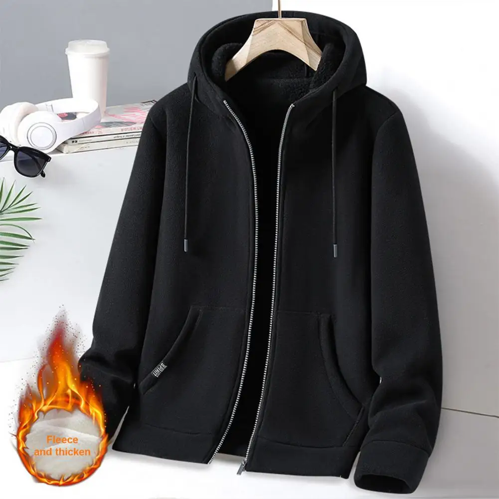 Men Warm Hoodie Jacket Men's Hooded Zipper Closure Winter Coat with Drawstring Thick Warm Cardigan Jacket for Daily Wear Casual