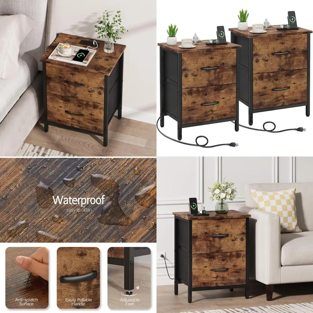 

Pair of Rustic Brown Nightstands with Charging Station, Power Outlet & USB Ports, Fabric Drawers for Home