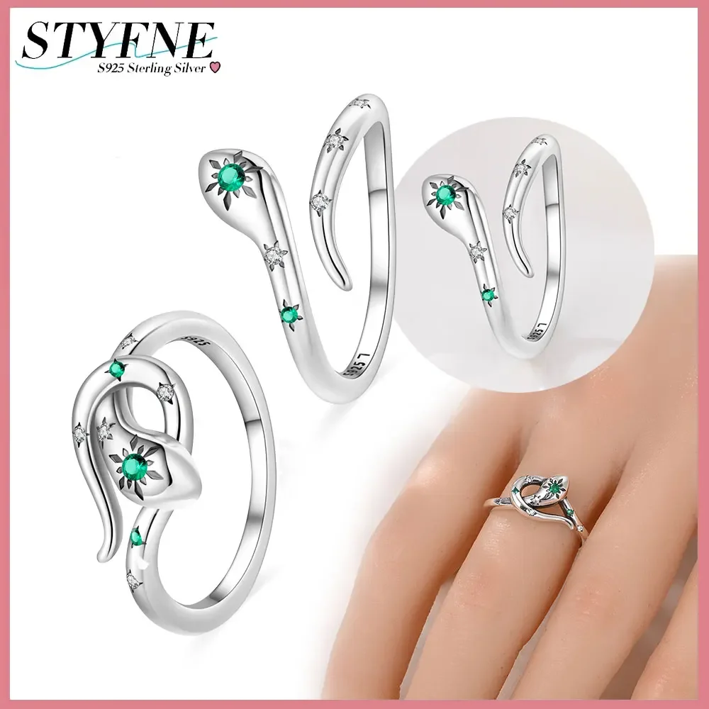 Original 925 Sterling Silver Year of The Snake Medusa Spirit Snake Green Zircon Open Ring for Women's High-end Fine Jewelry Gift