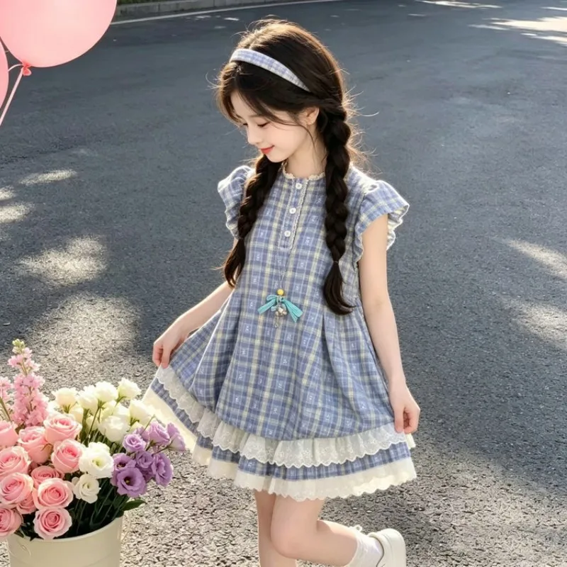 Girls Summer Dress Fashion New Children's Lolita Plaid Princess Dress Elegant Cute Girls Clothing Spring Autumn Seasonal Wear