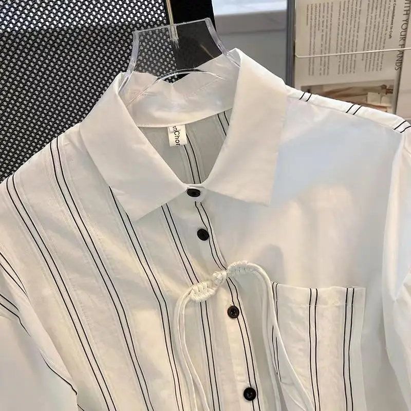 2024 New Summer Loose Fitting Casual Minimalist Fashion Lapel Button Striped Printed National Style Short Sleeved Shirt for Men