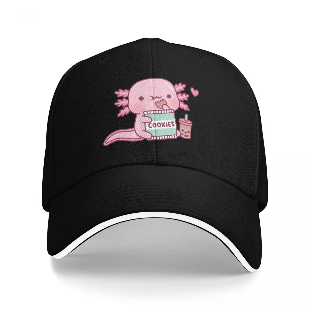 

Cute Axolotl Snacks On Cookies And Bubble Tea Baseball Cap Trucker Cap golf hat genuine Women Hats Men's