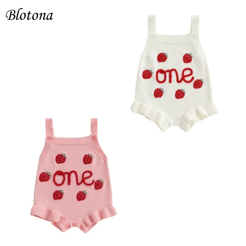 

Blotona Baby Knit Romper Letter Strawberry Embroidery Ruffled Trim Sleeveless Infant Bodysuit for Summer