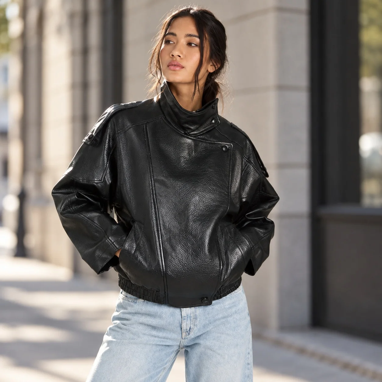 Loose Fit No Hood Coat Regular Length Streetwear with Autumn Biker Style Notched Lapel Regular Sleeve Pocket Detail Women Jacket