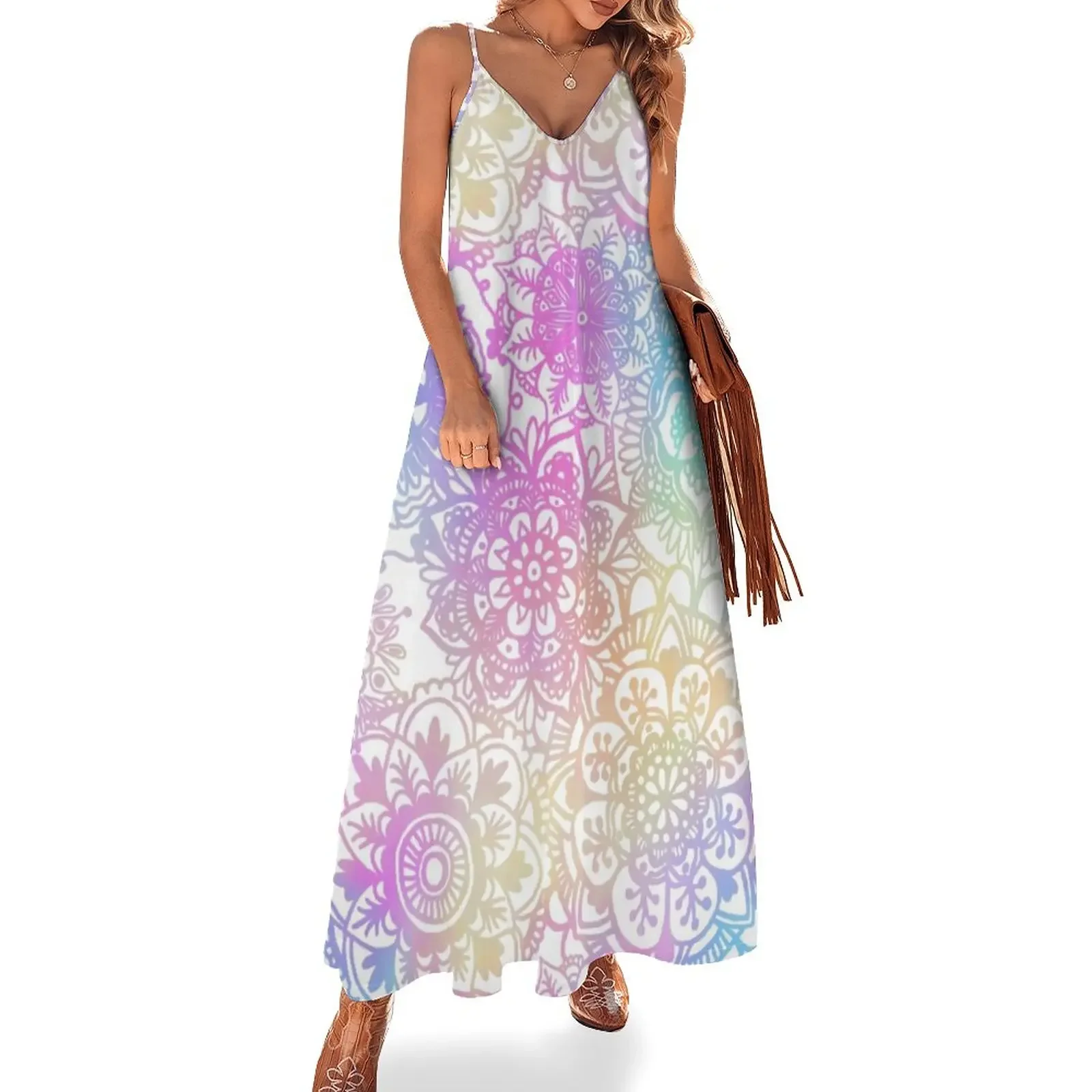 

Pastel Rainbow Watercolor Mandala Pattern Sleeveless Dress chic and elegant evening dress women's evening dresses Long dress