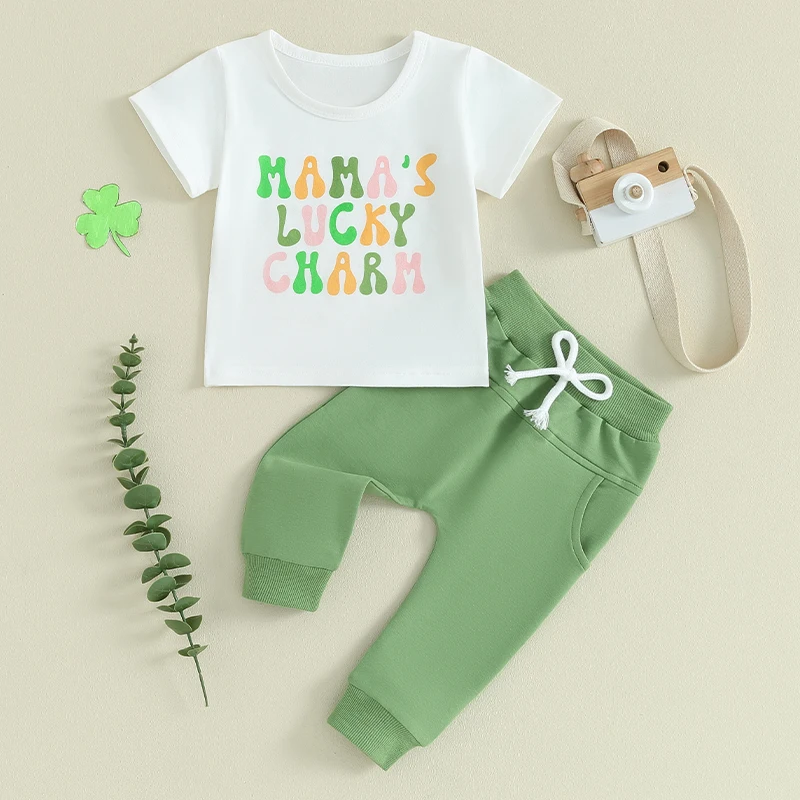 2pcs Set Toddler Boys St Patricks Day Outfit Sets Short Sleeve lucky Letter Print Tops Drawstring Pants Sets Boys Clothing