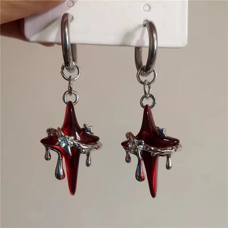 Goth Trendy Punk Red Cross Star Stainless Steel Hoop Earring For Women Men Vintage Aesthetic Y2K Grunge EMO Jewelry Accessories