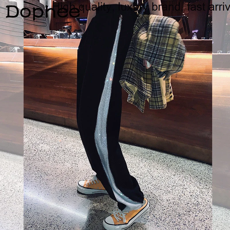 Drilling Black Hot Casual for Women Sweatpant 2023 New Autumn Korean Style Loose Wide Leg Cropped Long Sports Harem Pants