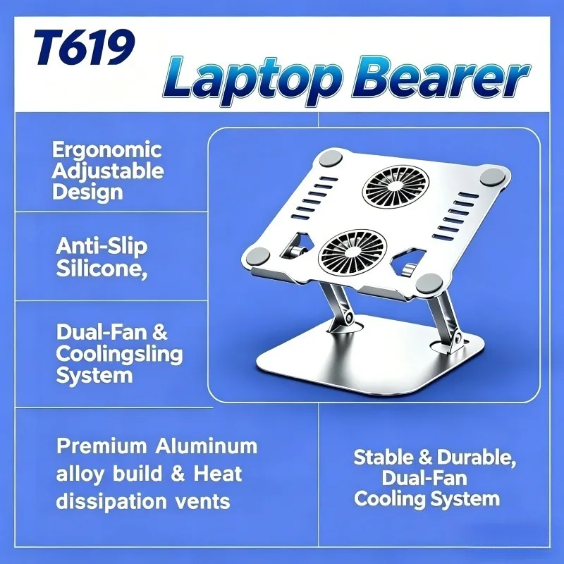 

T619 Laptop Stand Dual Fan Cooling Bracket Metal Ergonomic Antislip Silicone Stable Foldable Adjustable Universal for Game Work