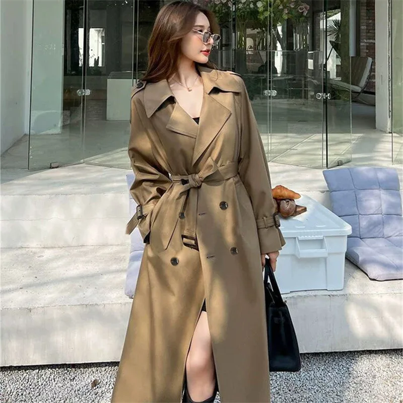 Fashion Trench Jackets Long Pattern Female Solid Color Coat Classic Lapel Long Sleeve with Belt Spring Autumn Casual Street Wear