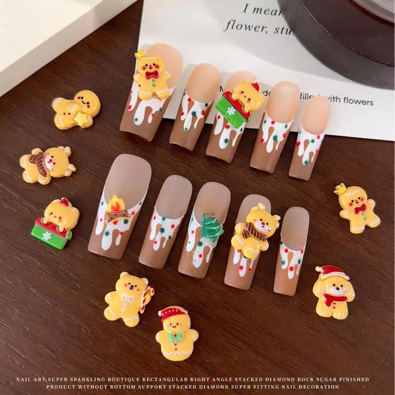10PCS Kawaii Christmas Gingerbread Man Elk Resin Nail Charms Cartoon Creative Yellow Bear Snowman Nail Art Decorations DIY Nails