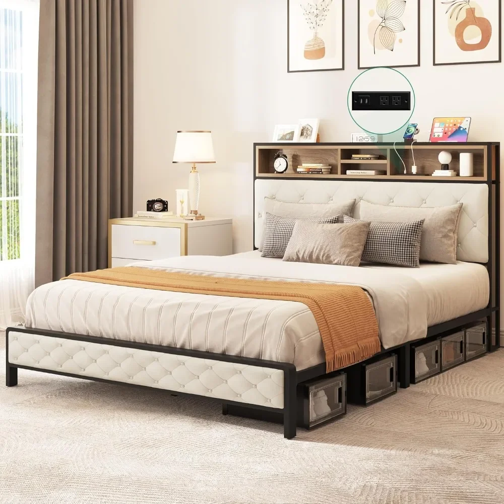 Queen Size Bed Frame, Platform Bed Frame with Charging Station, Upholstered Storage Headboard & Footboard Metal Slats Supports