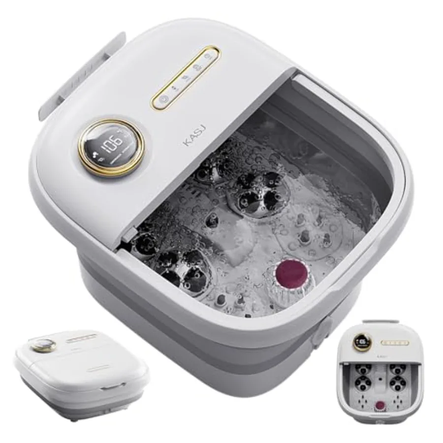 Collapsible Electric Foot Spa with Hydro-Jet Massage Heat 24 Shiatsu Nodes 16 Rotating 8 Pressing Bubble Temp Control Blue Stre