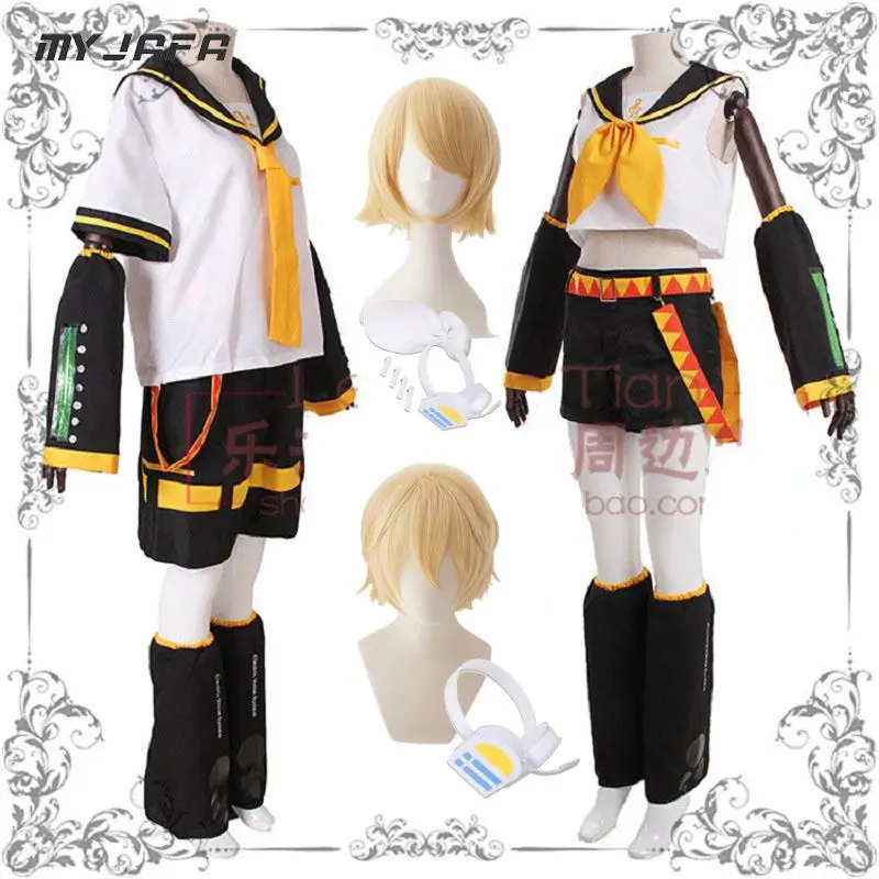 Rin Len Cosplay Kostuum Pruik Hoofddeksels Headset Vrouwen Mannen Uniformen Outfit Tops + Shorts + Riem + Mouwen + Been mouwen