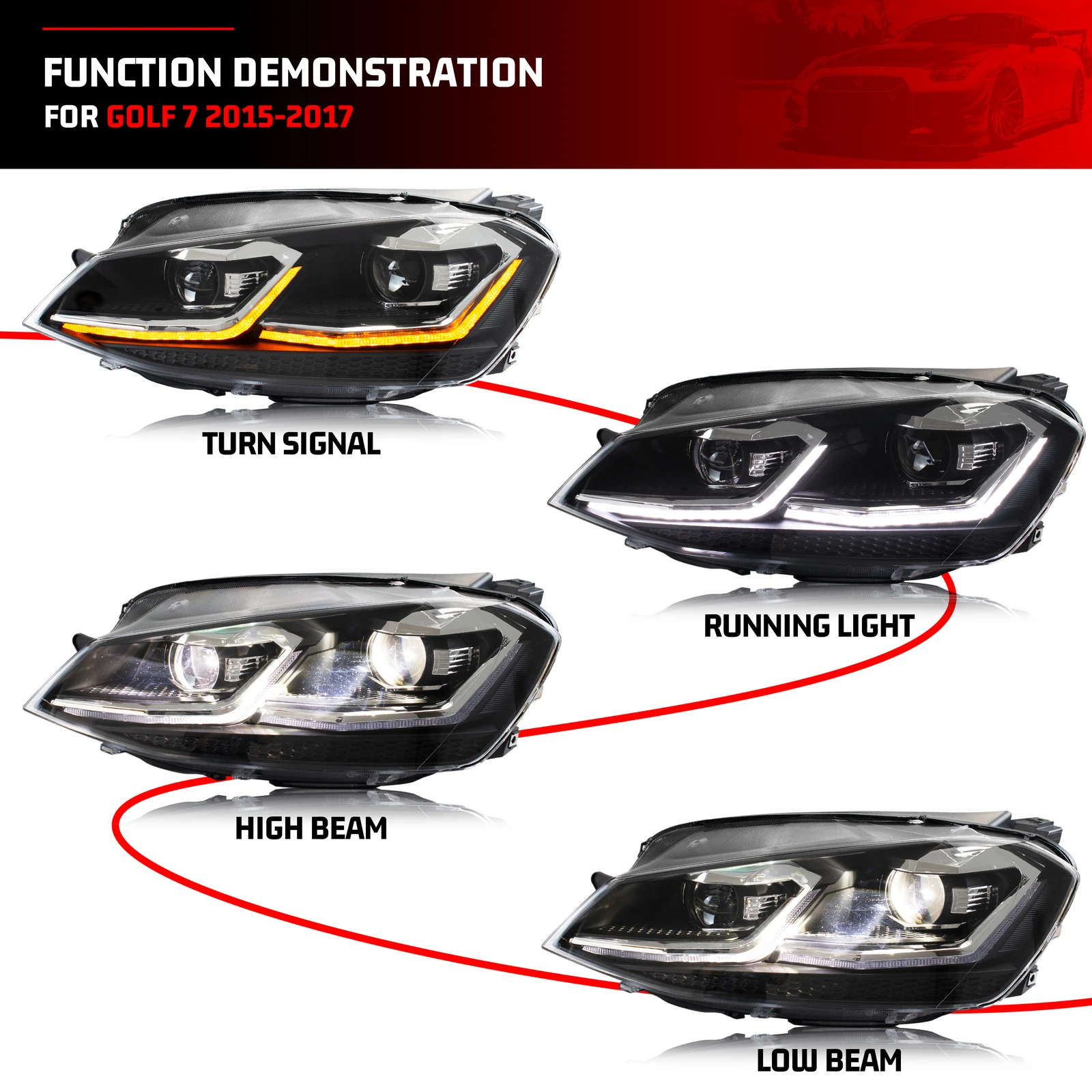 المصابيح الأمامية LED لسيارة Volkswagen VW Golf 7 MK7 VII 2013-2017 مجموعة المصابيح الأمامية لإشارة الانعطاف المتتابعة غير مناسبة لنموذج GTI وXenon