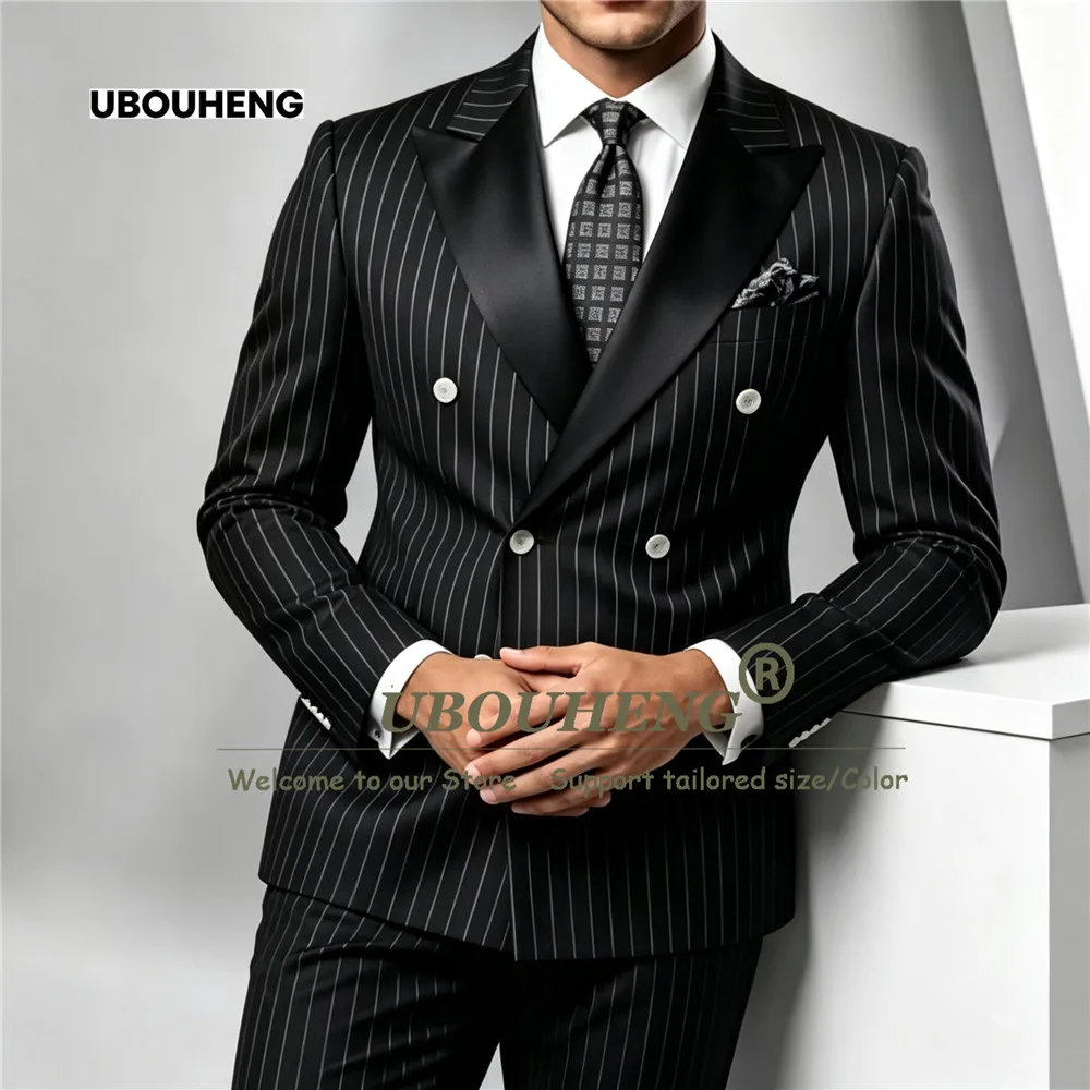 Unique Design Groom Suits For Wedding Pinstripe Double Breasted Jacket Pants 2 Pieces Man Dinner Party Tuxedo Attire Plus Size