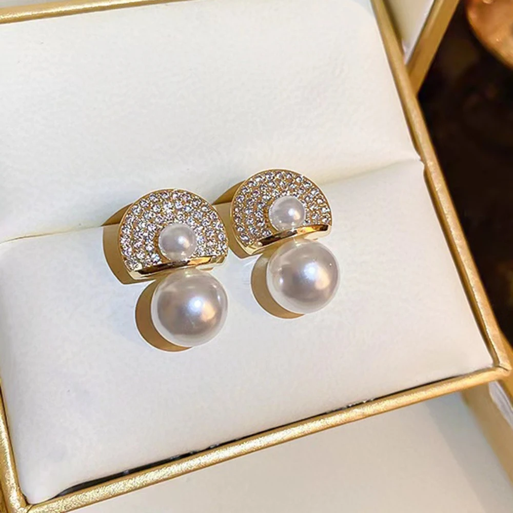 

14K Gold Big Pearl Zircon Stud Earrings Korean Minimalist Fashion Women Luxury Elegant Unique Niche Senior Ear Jewelry Wholesale