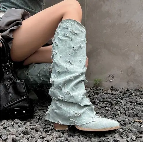 Retro Girls Light Blue Denim Jeans Small Holes Pointed Toe Tube Slip On 65 mm Block Heels Knee High Pants Boots Women Long Botas