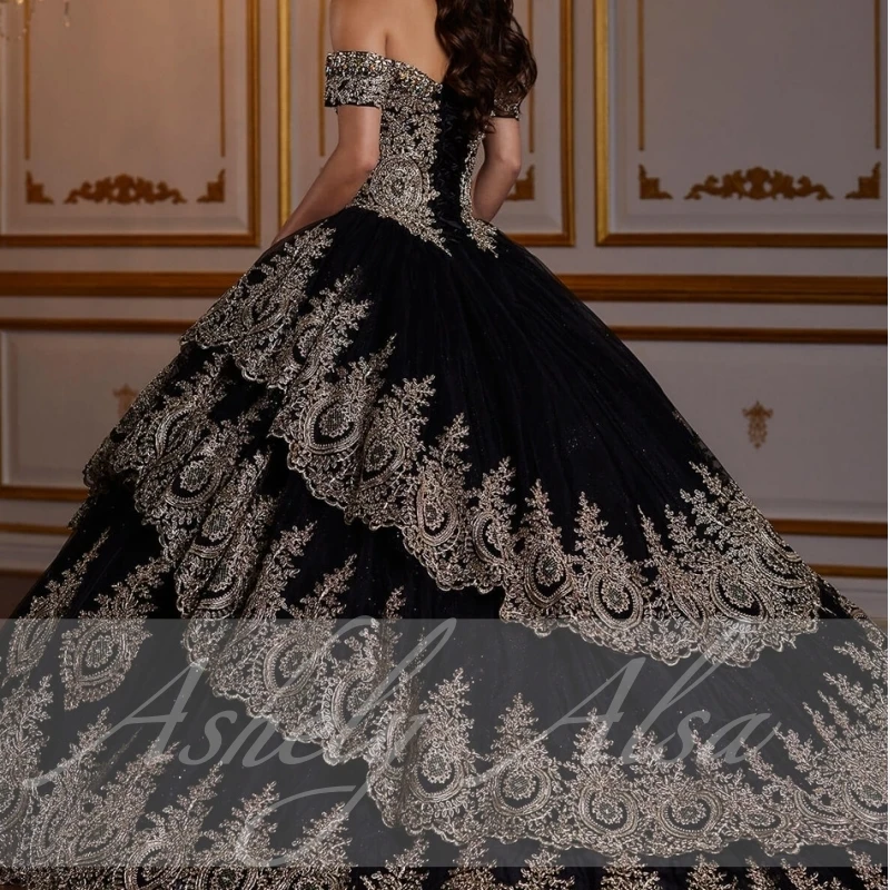 AA158 Customized Black Prom Dresses Dance Queen Off The Shoulder Quinceanera Collection Ball Gown Dress Vestido De 15 Anos 2025