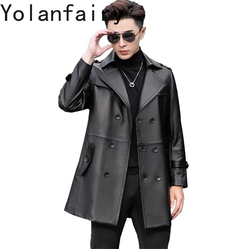 YOLANFAIRY Spring and Autumn Top Layer Cowhide Jacket for Man Mid-length Trench Leather Coat Suit Collar Men's Overcoat  jaqueta