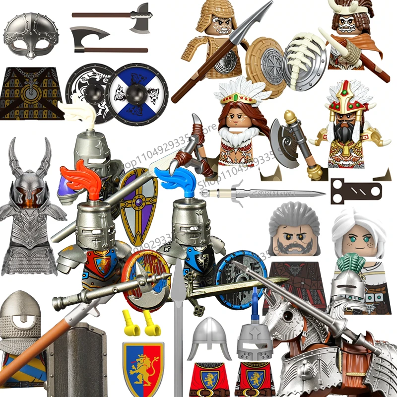 Figuras de Castelo Medieval em Blocos de Montar, Cavaleiros com Espadas, Soldados Vikings, Brinquedos para Crianças