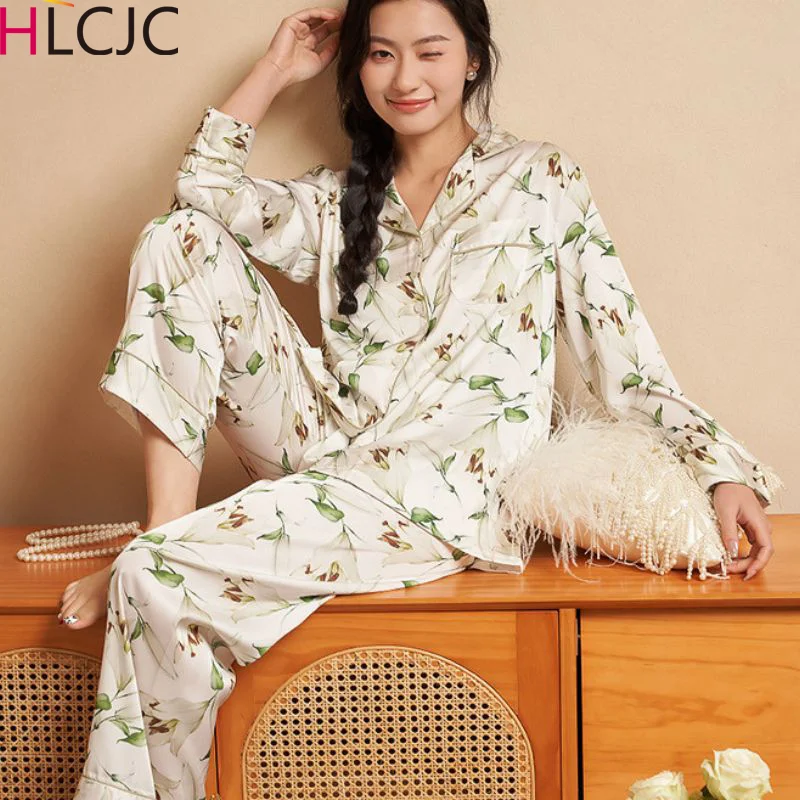 

New Ice Silk Satin Pajamas for Women High-end Printed Women's Pajama Set Nightie Spring Autumn Sweet Nightwear Home Clothes