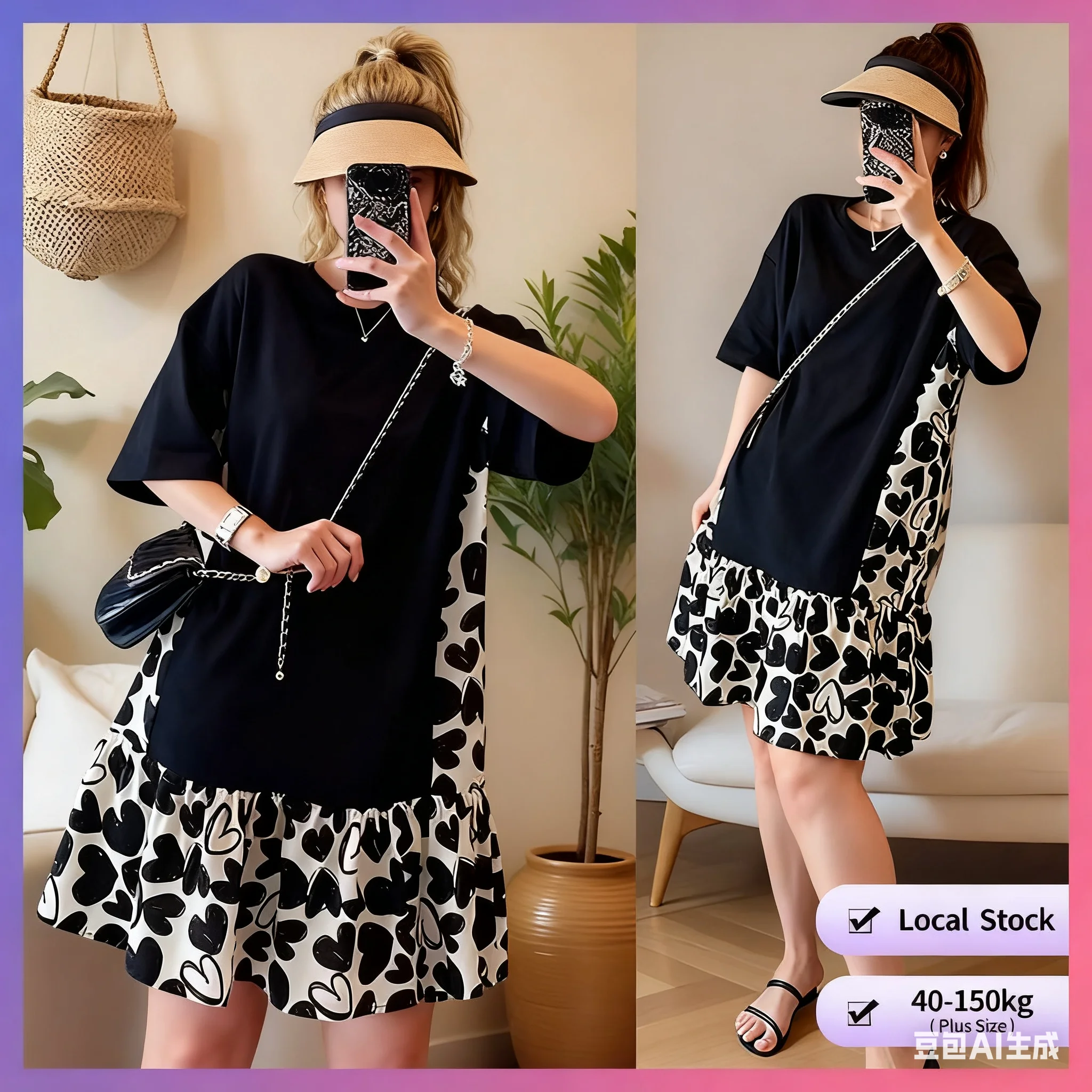 【Vestido de gran tamaño】 (40-150 kg) Mini vestido de manga corta de talla grande, vestido suelto de moda coreana con empalme floral