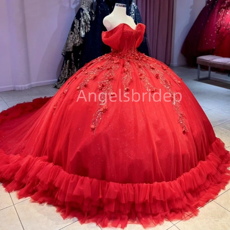 Angelsbride Red Glitter Tulle 3D Flora Off Shoulder Vestido De 15 Quinceañera Puff Train Ball Gown Quinnceanera Dresses