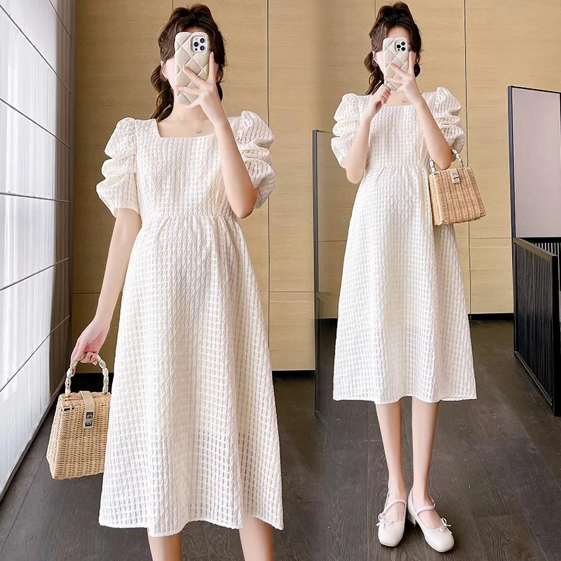 Pregnacy Dress Square Neck Dress Women Bubble Sleeves Chiffon Small Flower Printing Maternity Clothing Pregnant Woman Clothes