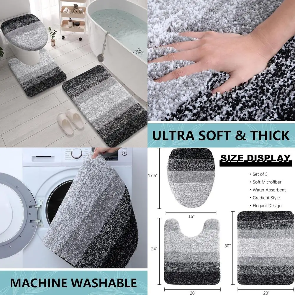 

3-Piece Microfiber Shaggy Bath Rug Set with Toilet Lid Cover, Non-Slip, Machine Washable for Bathroom (30x20, 24x20, 17.5x15, Bl