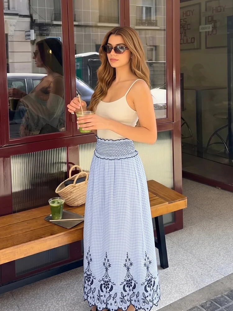 

HH Women's Summer Blue White Gingham Skirt Smocked Elastic High Waist Floral Embroidery Hem Long Skirt For Casual Vacation Daily