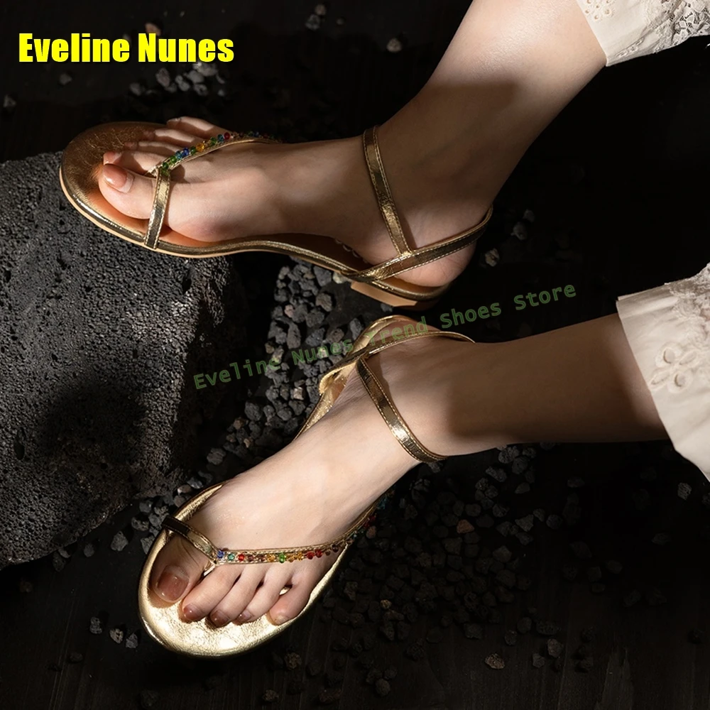 

Golden Colorful Gemstone Decoration Sandals Clip Round Toe Chunky Heels Buckle Strap Women Luxury Shoes 2025 Summer New Arrivals