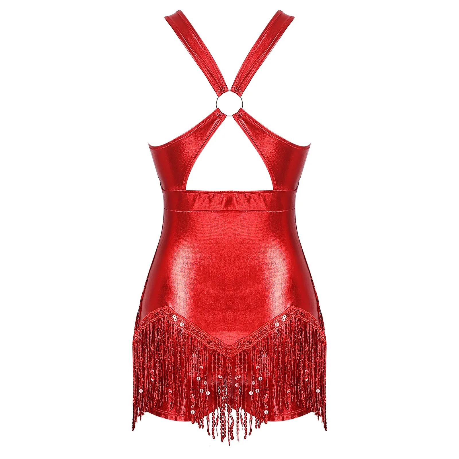 Femmes sans manches croisé paillettes paillettes Latin Tango Salsa robe de danse Cha-Cha Rumba danse Performance Costume robe de Cocktail