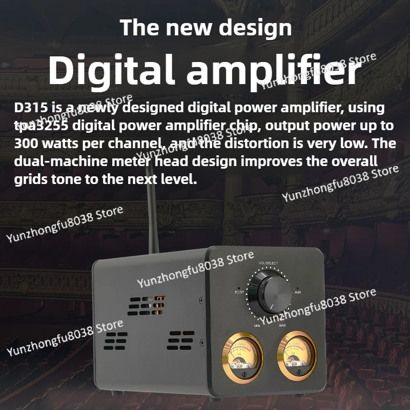 Home Audio Digital Amplifier D315 High Power TPA3255 Dual Channel HIFI Digital Tone USB Bluetooth 5.1 Amplifier, Dual VU Head