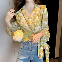 2024 New Summer Elegant Fashion Bohemian Loose Casual Office Lady Women's Shirt Chiffon Flower V Neck Long Sleeve Y2K Chic Tops