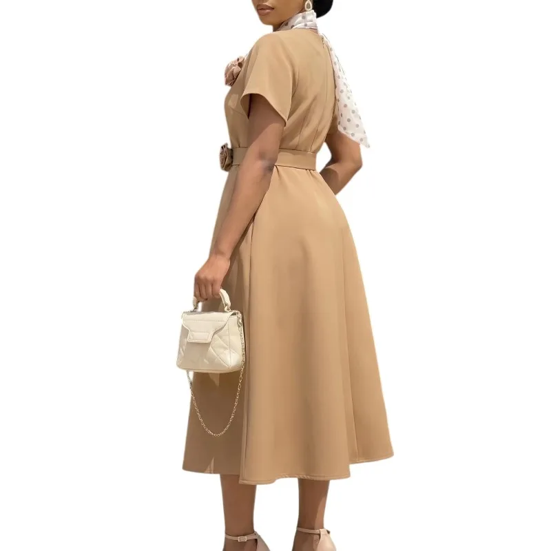 

2026 New round neck short sleeved three-dimensional flower dress elegant African plus size dress party dress mid length skirt
