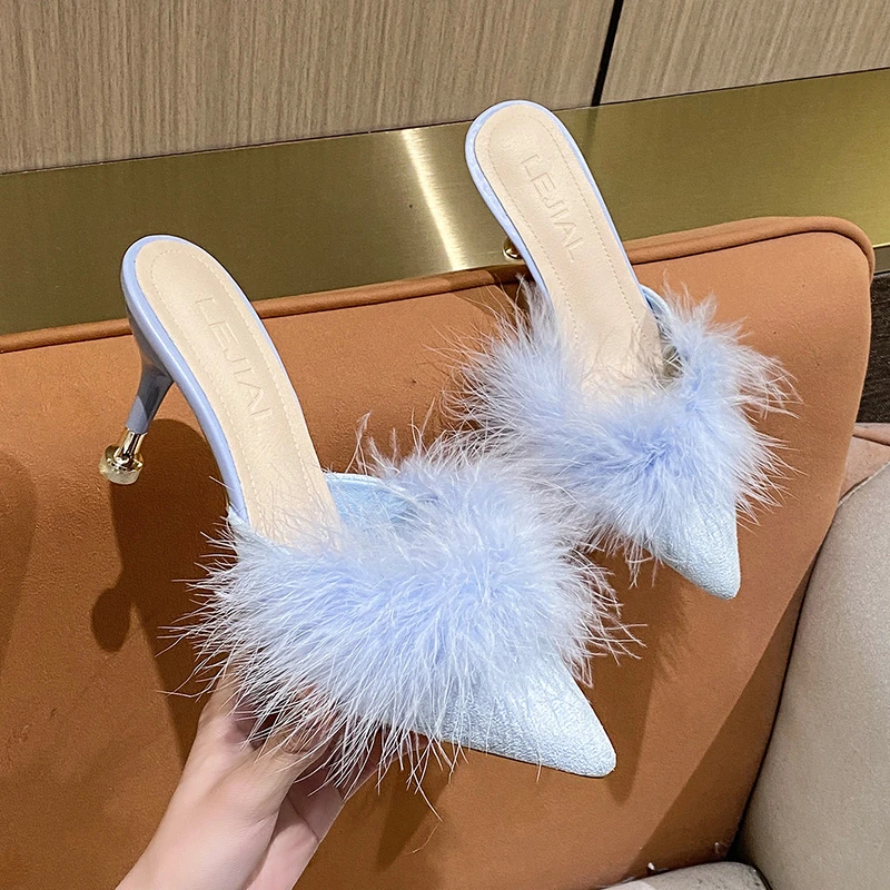 Fur Slippers Woman High Thin Heels Woman Shoes Sexy Pointed Toe Outdoor Slides Fashion Summer House Slippers Flip Flops Sandals