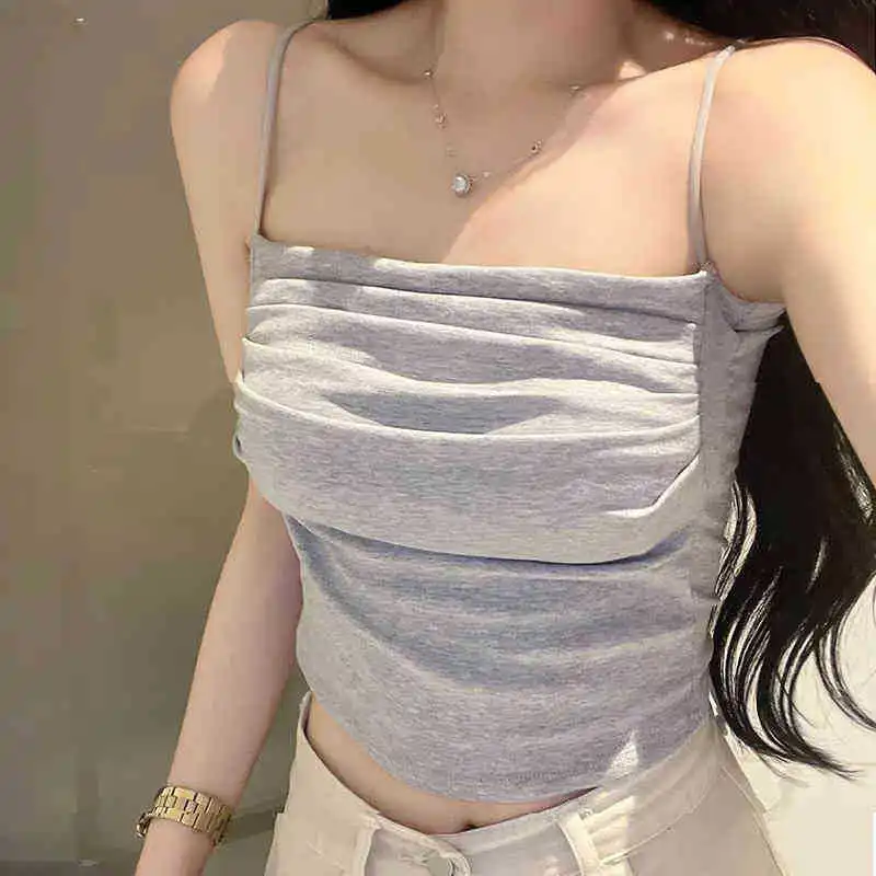 Solid Color One-Shoulder Ruffle Back Crop Top with Chest Pad Integrated Bottoming Tube Bra Top for Women image 2