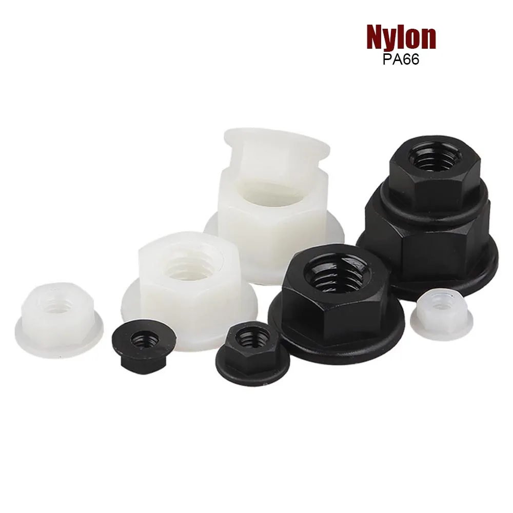10/50pcs M3 M4 M5 M6 M8 M10 M12 DIN6923 Black White Flat Bottom PA66 Plastic Nylon Insulation Hexagonal Hex Head Flange Nut
