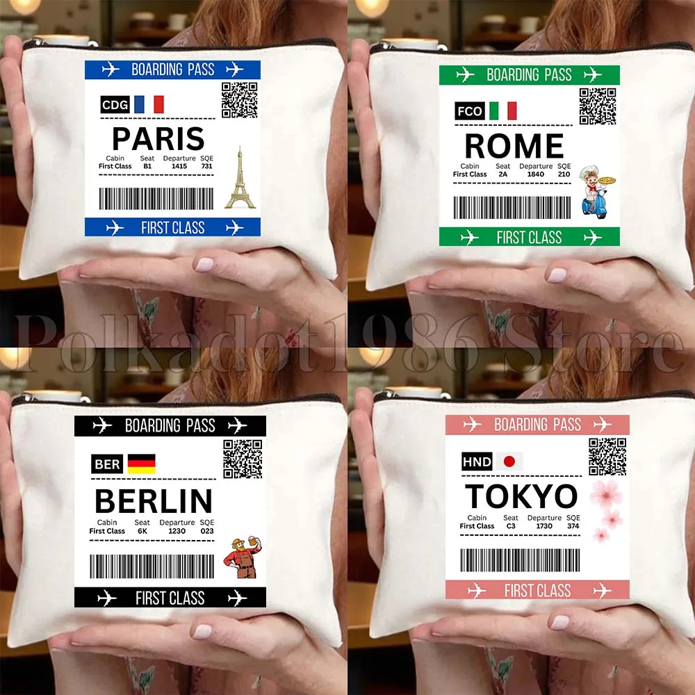 Nueva York Roma París Berlín Tokio Kyiv Madrid pase de embarque bolsa de lona bolsa de cosméticos de viaje moda mujer artículos de tocador bolsas de maquillaje