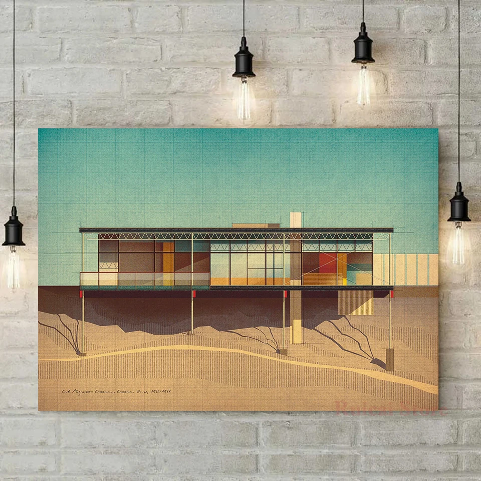 (No frame)Craig Ellwood Case Study House Modern Architecture Canvas Poster Vintage Wall Art Print Building Drawing Unframed F