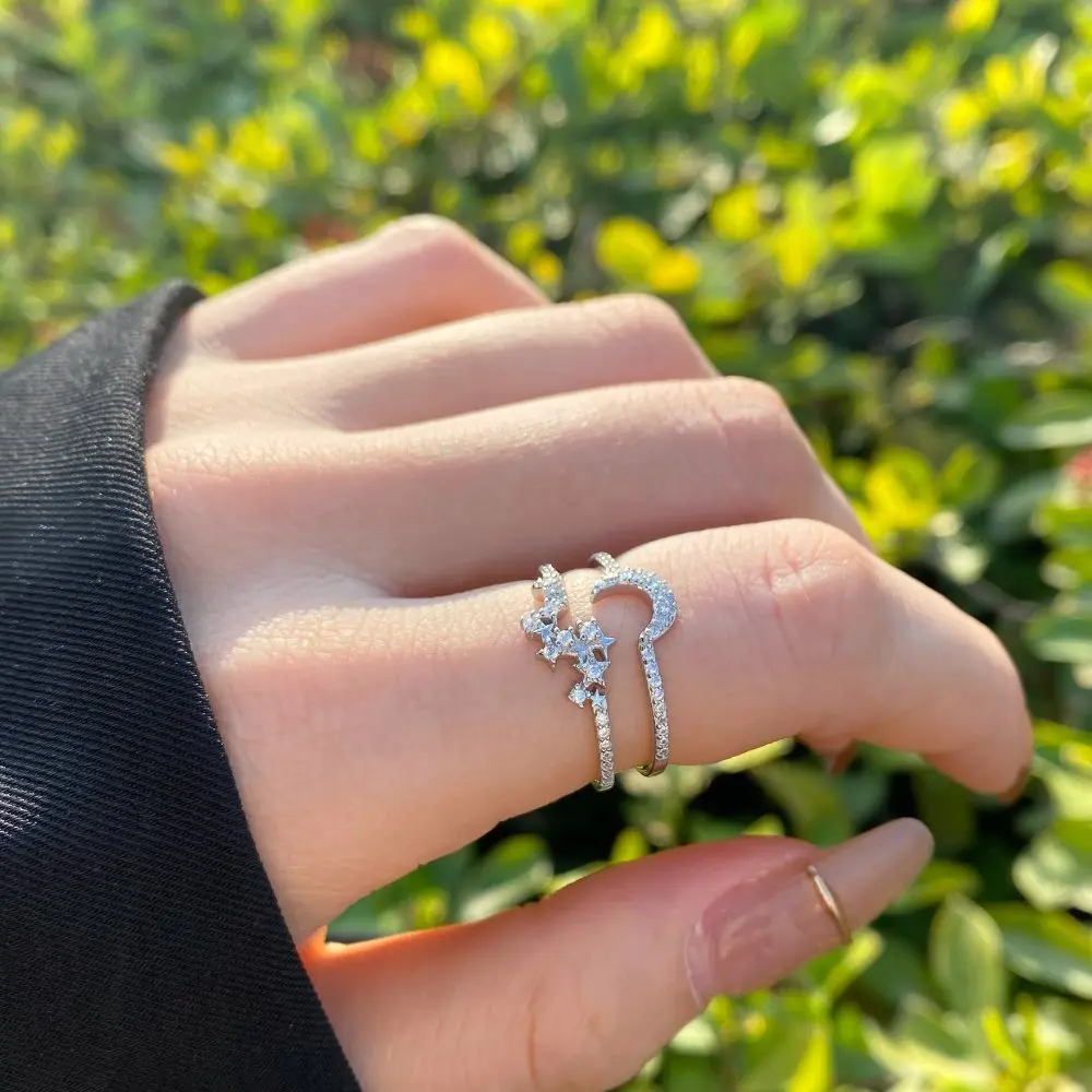 925 Sterling Silver Star Moon Ring Fashion Personalized Light Luxury Set with Diamonds Small and Exquisite Two Piece Ring Set