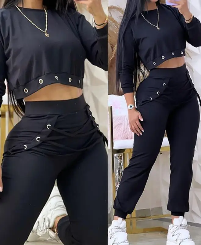 

Set Woman 2 Pieces Pants and Top Casual Eyelet Sweatshirt & Lace-Up Cuffed Sweatpants Set Women's Fashion Sweatshirt Suit