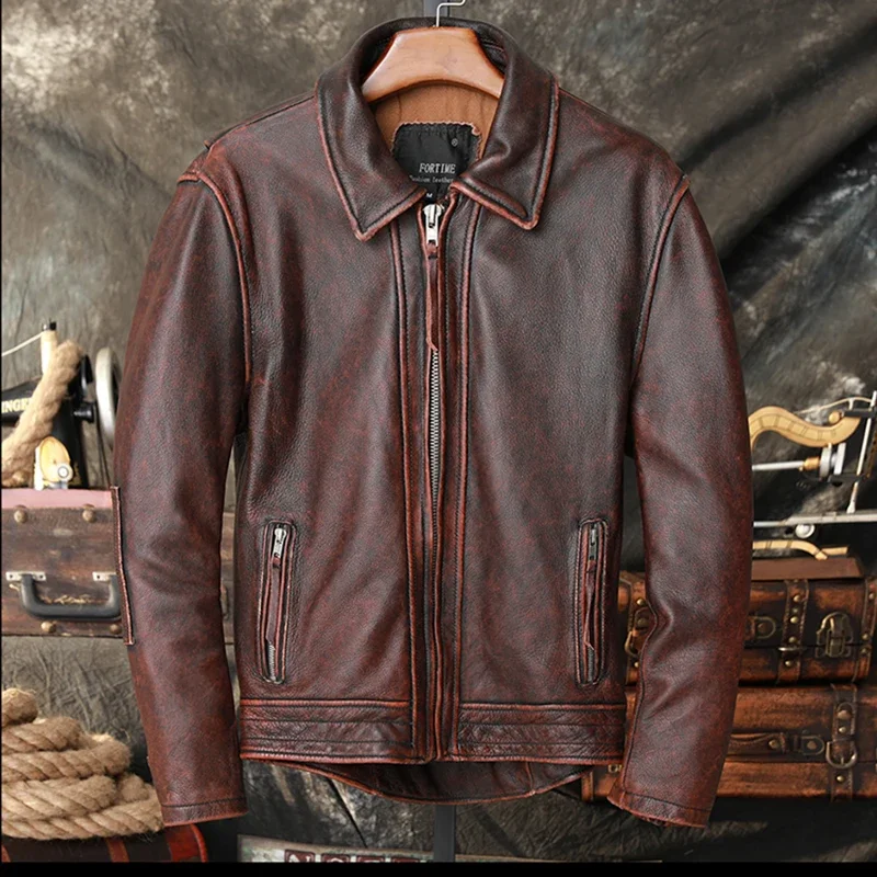 2023 New Pilot Leather Jacket Men's Slim Lapel High Quality Retro Motorcycle Leather Jacket Fashionable Old Classic